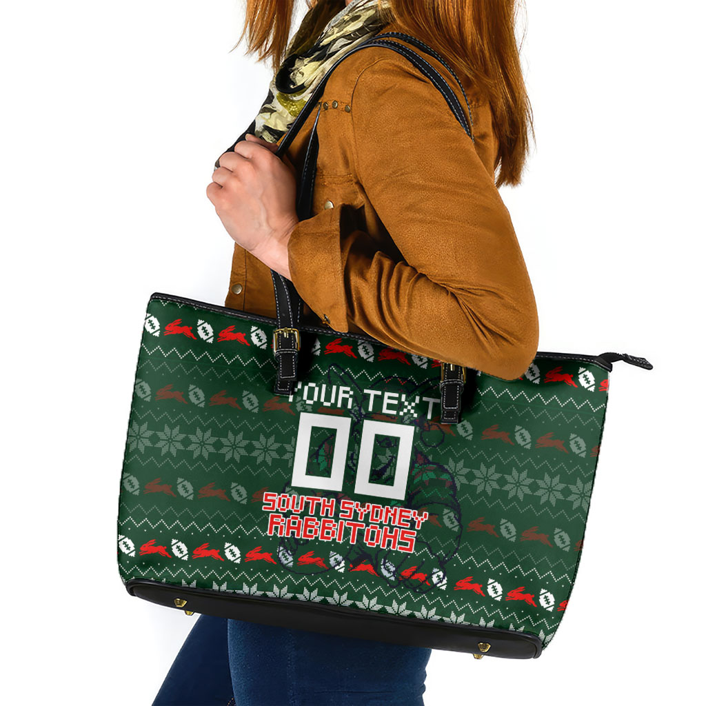 Personalized South Sydney Rabbitohs Christmas Leather Tote Bag Australian Rugby Fans - Pixelated Ugly Xmas Pattern Mascot Santa