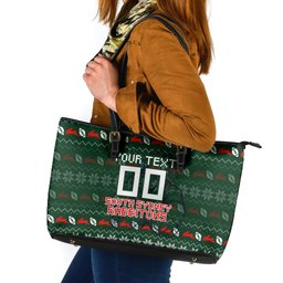 Personalized South Sydney Rabbitohs Christmas Leather Tote Bag Australian Rugby Fans - Pixelated Ugly Xmas Pattern Mascot Santa