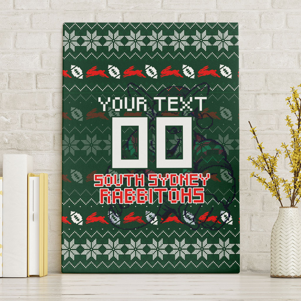 Personalized South Sydney Rabbitohs Christmas Canvas Wall Art Australian Rugby Fans - Pixelated Ugly Xmas Pattern Mascot Santa