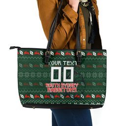 Personalized South Sydney Rabbitohs Christmas Leather Tote Bag Australian Rugby Fans - Pixelated Ugly Xmas Pattern Mascot Santa