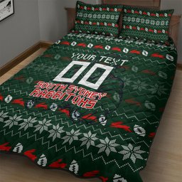 Personalized South Sydney Rabbitohs Christmas Quilt Bed Set Australian Rugby Fans - Pixelated Ugly Xmas Pattern Mascot Santa