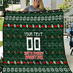 Personalized South Sydney Rabbitohs Christmas Quilt Australian Rugby Fans - Pixelated Ugly Xmas Pattern Mascot Santa