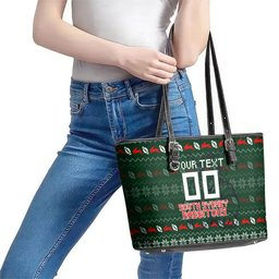 Personalized South Sydney Rabbitohs Christmas Leather Tote Bag Australian Rugby Fans - Pixelated Ugly Xmas Pattern Mascot Santa