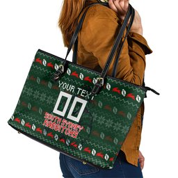 Personalized South Sydney Rabbitohs Christmas Leather Tote Bag Australian Rugby Fans - Pixelated Ugly Xmas Pattern Mascot Santa