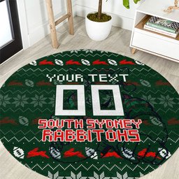 Personalized South Sydney Rabbitohs Christmas Round Carpet Australian Rugby Fans - Pixelated Ugly Xmas Pattern Mascot Santa