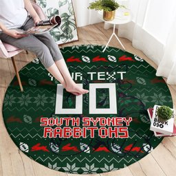 Personalized South Sydney Rabbitohs Christmas Round Carpet Australian Rugby Fans - Pixelated Ugly Xmas Pattern Mascot Santa