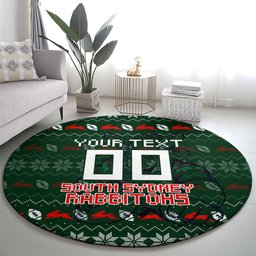 Personalized South Sydney Rabbitohs Christmas Round Carpet Australian Rugby Fans - Pixelated Ugly Xmas Pattern Mascot Santa
