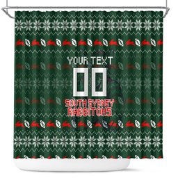 Personalized South Sydney Rabbitohs Christmas Shower Curtain Australian Rugby Fans - Pixelated Ugly Xmas Pattern Mascot Santa