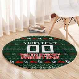 Personalized South Sydney Rabbitohs Christmas Round Carpet Australian Rugby Fans - Pixelated Ugly Xmas Pattern Mascot Santa