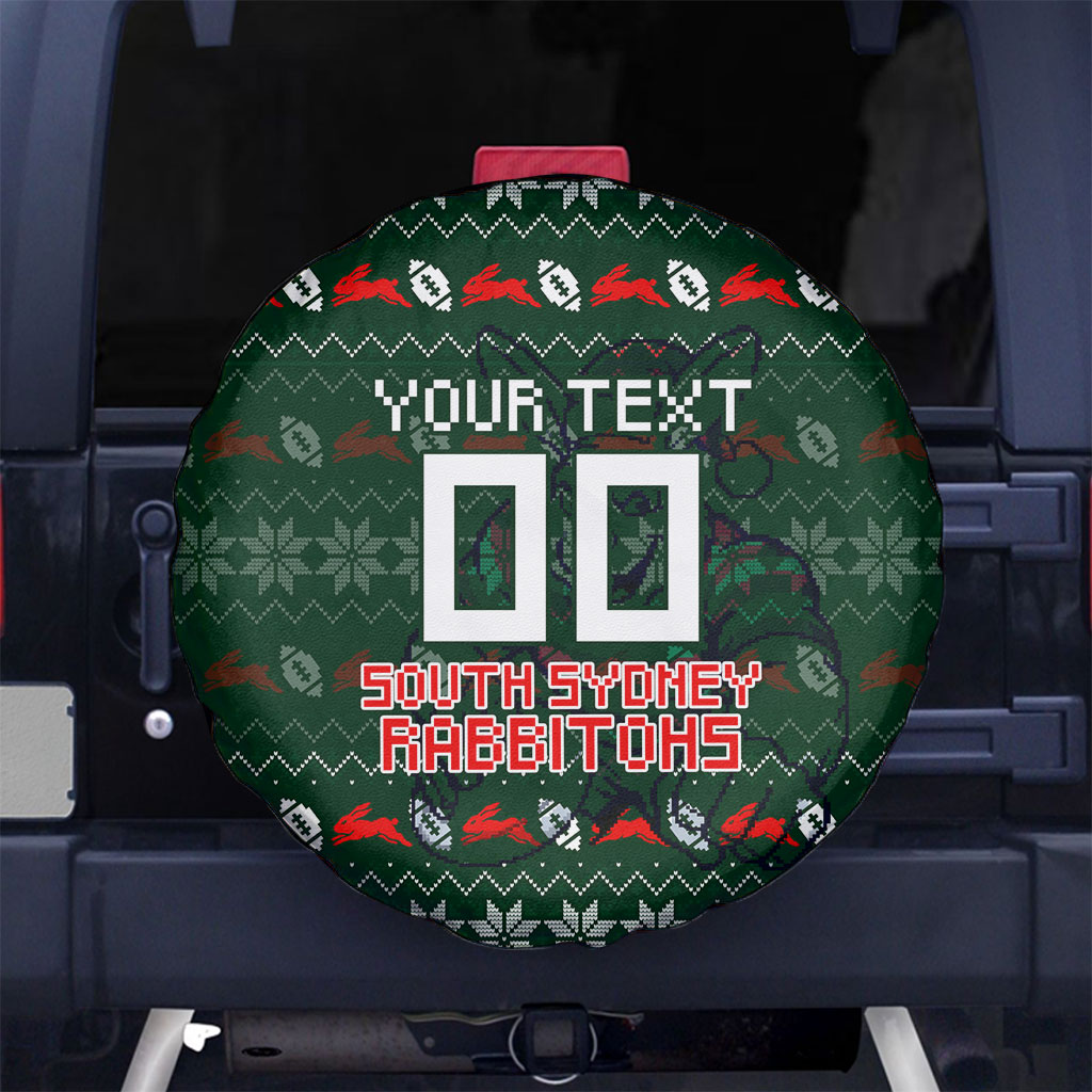 Personalized South Sydney Rabbitohs Christmas Spare Tire Cover Australian Rugby Fans - Pixelated Ugly Xmas Pattern Mascot Santa