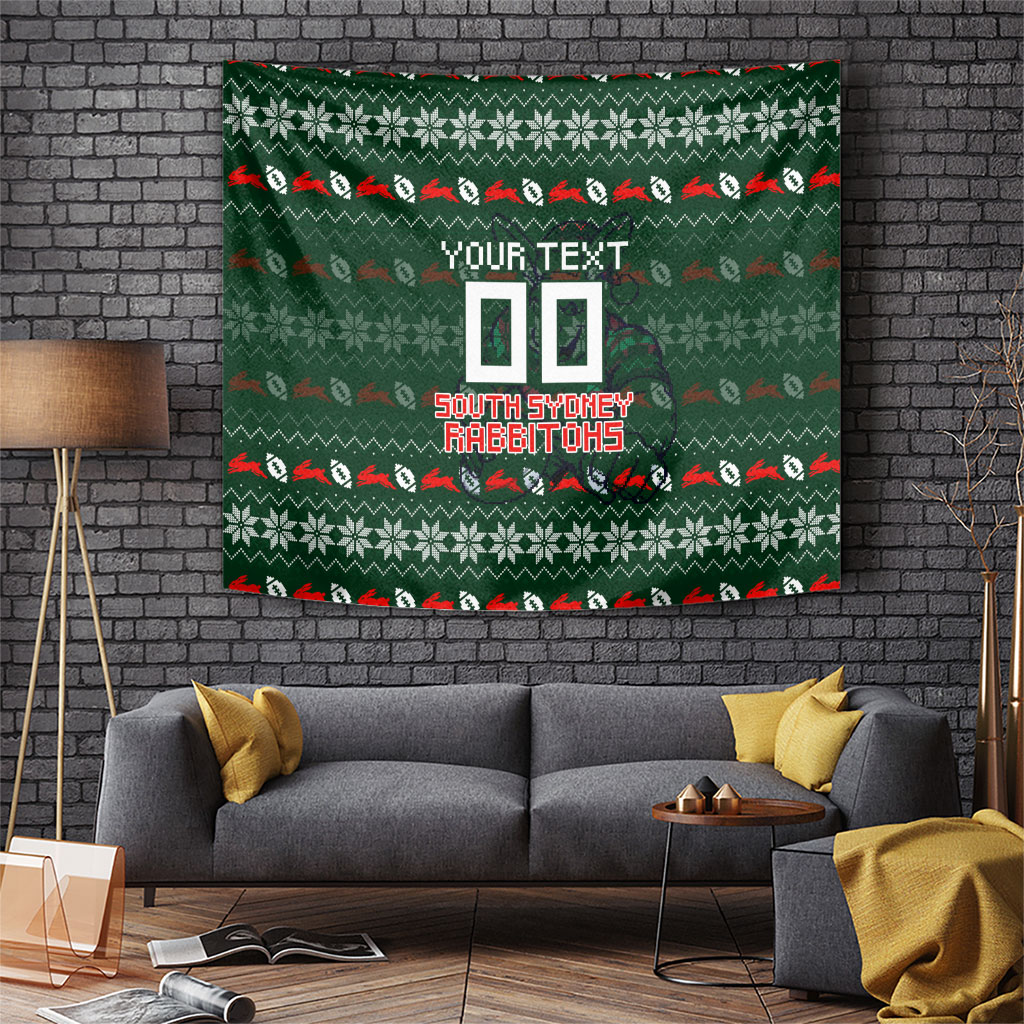 Personalized South Sydney Rabbitohs Christmas Tapestry Australian Rugby Fans - Pixelated Ugly Xmas Pattern Mascot Santa