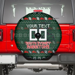 Personalized South Sydney Rabbitohs Christmas Spare Tire Cover Australian Rugby Fans - Pixelated Ugly Xmas Pattern Mascot Santa