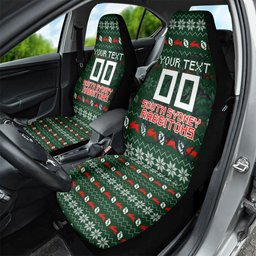 Personalized South Sydney Rabbitohs Christmas Car Seat Cover Australian Rugby Fans - Pixelated Ugly Xmas Pattern Mascot Santa