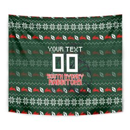 Personalized South Sydney Rabbitohs Christmas Tapestry Australian Rugby Fans - Pixelated Ugly Xmas Pattern Mascot Santa