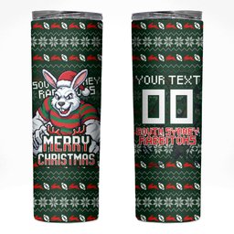Personalized South Sydney Rabbitohs Christmas Skinny Tumbler Australian Rugby Fans - Pixelated Ugly Xmas Pattern Mascot Santa