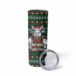 Personalized South Sydney Rabbitohs Christmas Skinny Tumbler Australian Rugby Fans - Pixelated Ugly Xmas Pattern Mascot Santa