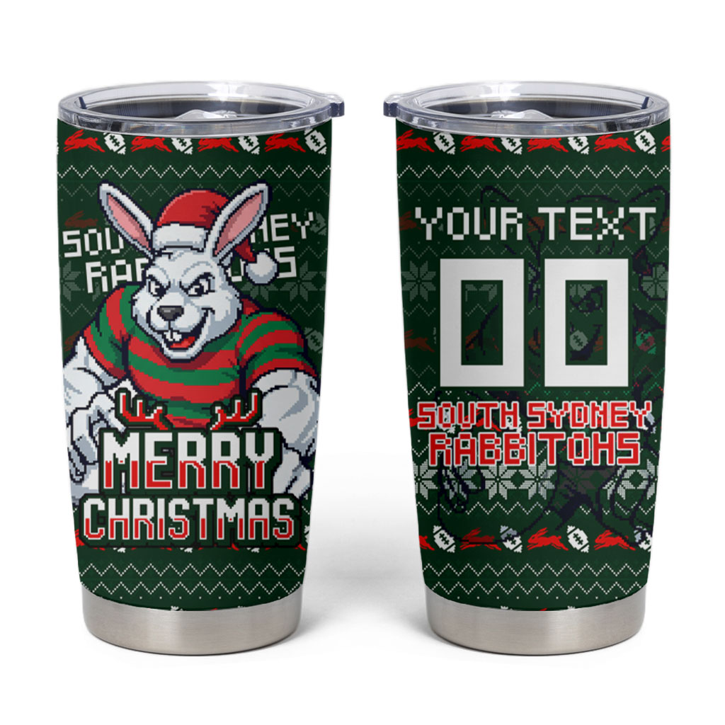 Personalized South Sydney Rabbitohs Christmas Tumbler Cup Australian Rugby Fans - Pixelated Ugly Xmas Pattern Mascot Santa