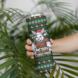 Personalized South Sydney Rabbitohs Christmas Skinny Tumbler Australian Rugby Fans - Pixelated Ugly Xmas Pattern Mascot Santa