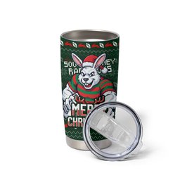 Personalized South Sydney Rabbitohs Christmas Tumbler Cup Australian Rugby Fans - Pixelated Ugly Xmas Pattern Mascot Santa