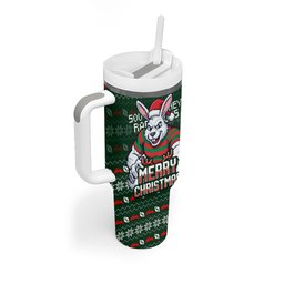 Personalized South Sydney Rabbitohs Christmas Tumbler With Handle Australian Rugby Fans - Pixelated Ugly Xmas Pattern Mascot Santa