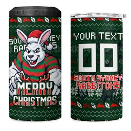 Personalized South Sydney Rabbitohs Christmas 4 in 1 Can Cooler Tumbler Australian Rugby Fans - Pixelated Ugly Xmas Pattern Mascot Santa