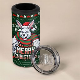 Personalized South Sydney Rabbitohs Christmas 4 in 1 Can Cooler Tumbler Australian Rugby Fans - Pixelated Ugly Xmas Pattern Mascot Santa