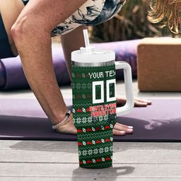 Personalized South Sydney Rabbitohs Christmas Tumbler With Handle Australian Rugby Fans - Pixelated Ugly Xmas Pattern Mascot Santa