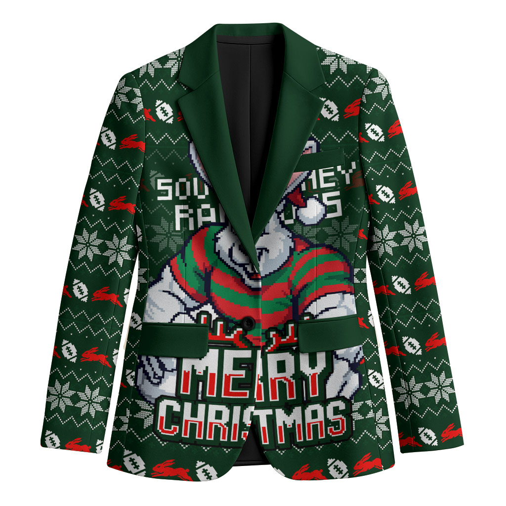 Personalized South Sydney Rabbitohs Christmas Blazer Australian Rugby Fans - Pixelated Ugly Xmas Pattern Mascot Santa