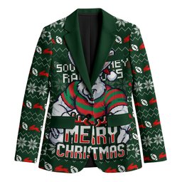 Personalized South Sydney Rabbitohs Christmas Blazer Australian Rugby Fans - Pixelated Ugly Xmas Pattern Mascot Santa
