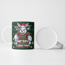 Personalized South Sydney Rabbitohs Christmas Ceramic Mug Australian Rugby Fans - Pixelated Ugly Xmas Pattern Mascot Santa