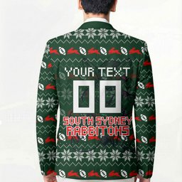 Personalized South Sydney Rabbitohs Christmas Blazer Australian Rugby Fans - Pixelated Ugly Xmas Pattern Mascot Santa