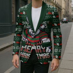 Personalized South Sydney Rabbitohs Christmas Blazer Australian Rugby Fans - Pixelated Ugly Xmas Pattern Mascot Santa