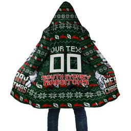 Personalized South Sydney Rabbitohs Christmas Cloak Australian Rugby Fans - Pixelated Ugly Xmas Pattern Mascot Santa