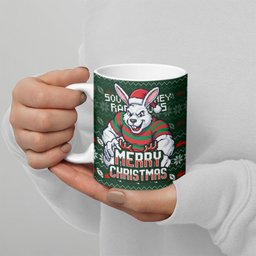 Personalized South Sydney Rabbitohs Christmas Ceramic Mug Australian Rugby Fans - Pixelated Ugly Xmas Pattern Mascot Santa