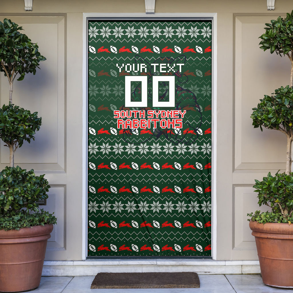 Personalized South Sydney Rabbitohs Christmas Door Cover Australian Rugby Fans - Pixelated Ugly Xmas Pattern Mascot Santa