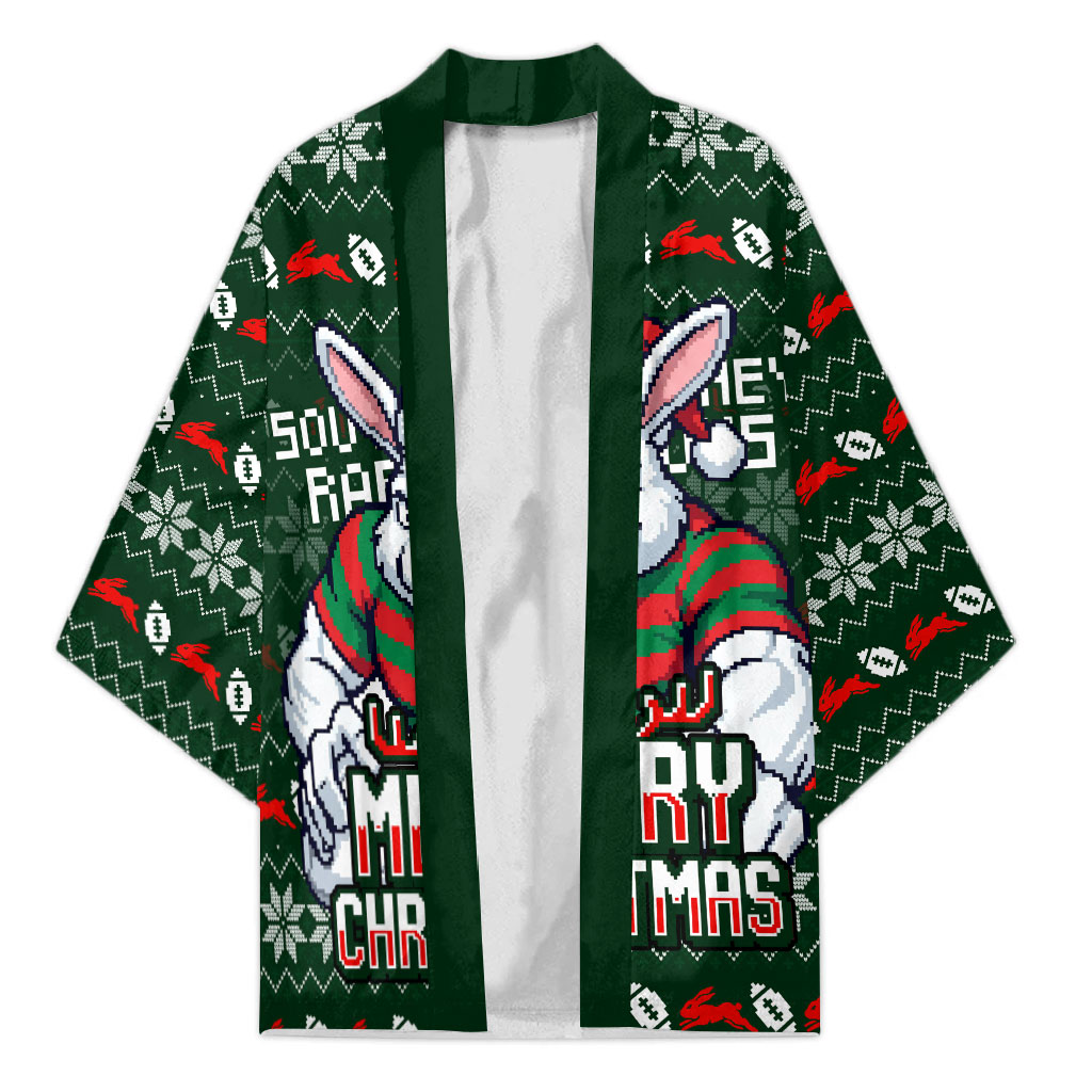 Personalized South Sydney Rabbitohs Christmas Kimono Australian Rugby Fans - Pixelated Ugly Xmas Pattern Mascot Santa
