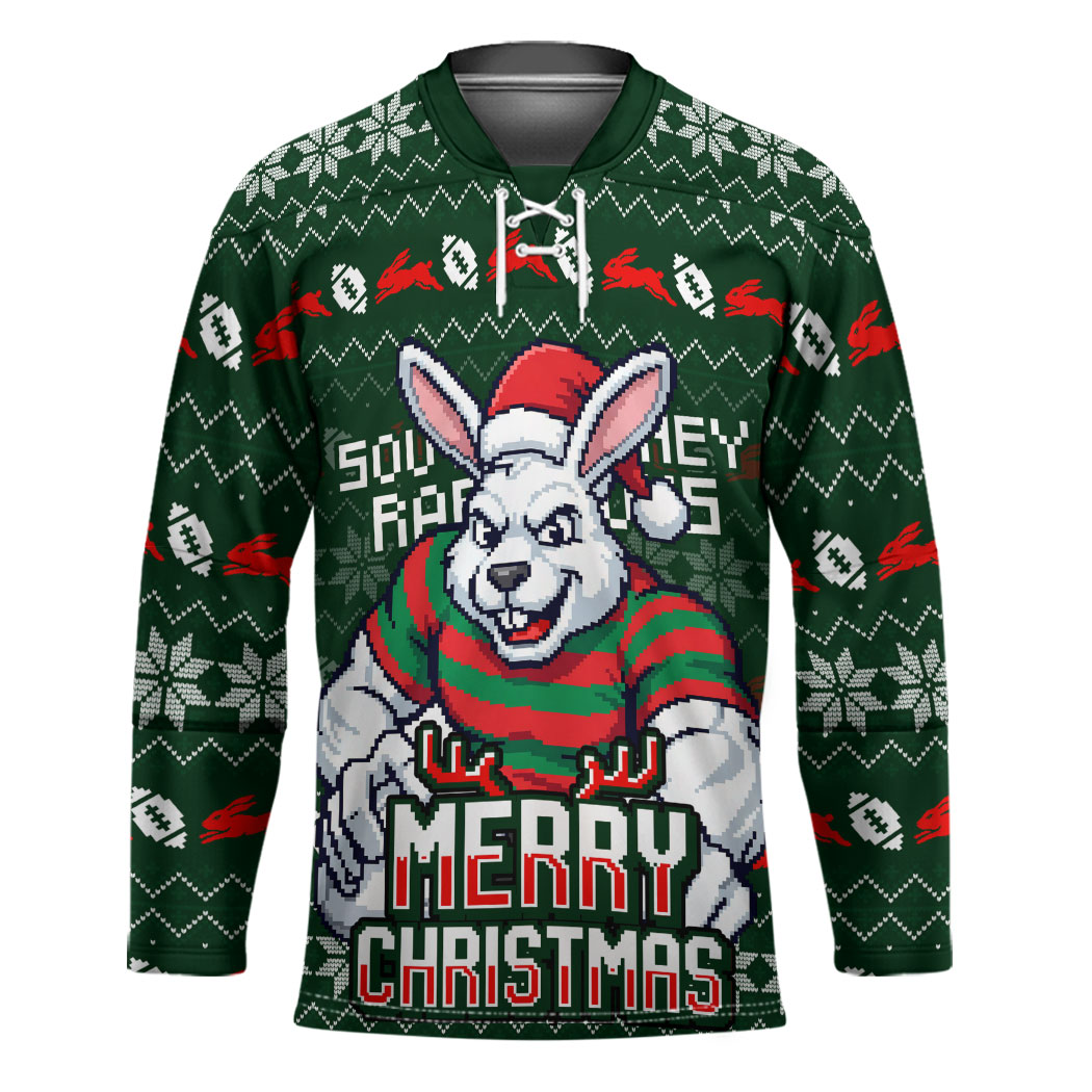 Personalized South Sydney Rabbitohs Christmas Hockey Jersey Australian Rugby Fans - Pixelated Ugly Xmas Pattern Mascot Santa