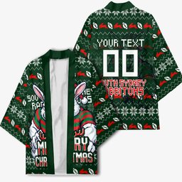 Personalized South Sydney Rabbitohs Christmas Kimono Australian Rugby Fans - Pixelated Ugly Xmas Pattern Mascot Santa