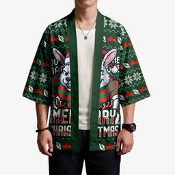 Personalized South Sydney Rabbitohs Christmas Kimono Australian Rugby Fans - Pixelated Ugly Xmas Pattern Mascot Santa
