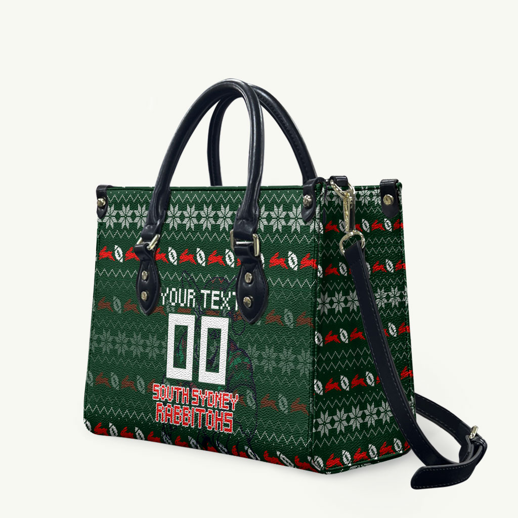Personalized South Sydney Rabbitohs Christmas Leather Bag Australian Rugby Fans - Pixelated Ugly Xmas Pattern Mascot Santa
