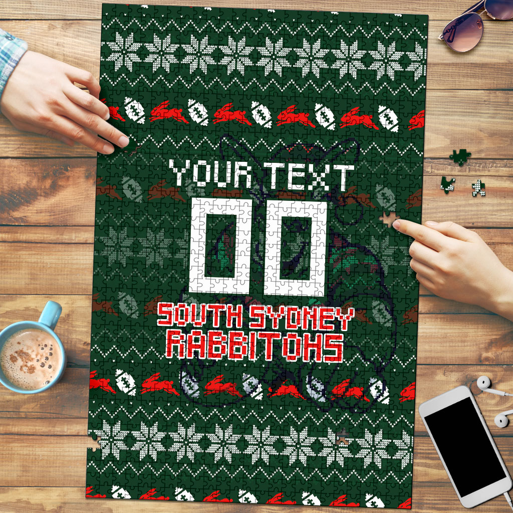 Personalized South Sydney Rabbitohs Christmas Puzzle Australian Rugby Fans - Pixelated Ugly Xmas Pattern Mascot Santa