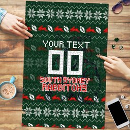 Personalized South Sydney Rabbitohs Christmas Puzzle Australian Rugby Fans - Pixelated Ugly Xmas Pattern Mascot Santa