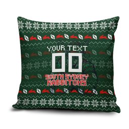 Personalized South Sydney Rabbitohs Christmas Pillow Cover Australian Rugby Fans - Pixelated Ugly Xmas Pattern Mascot Santa