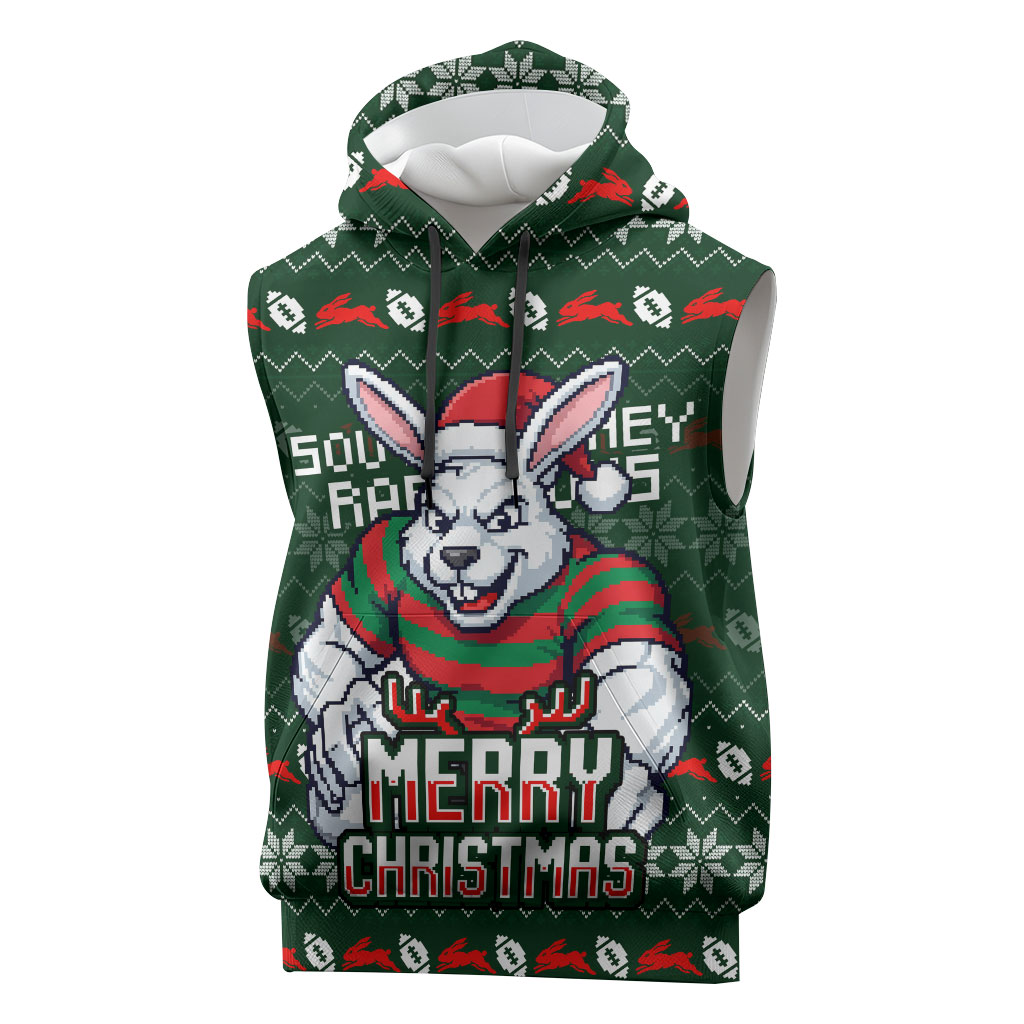 Personalized South Sydney Rabbitohs Christmas Sleeveless Hoodie Australian Rugby Fans - Pixelated Ugly Xmas Pattern Mascot Santa