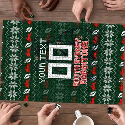 Personalized South Sydney Rabbitohs Christmas Puzzle Australian Rugby Fans - Pixelated Ugly Xmas Pattern Mascot Santa