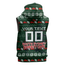 Personalized South Sydney Rabbitohs Christmas Sleeveless Hoodie Australian Rugby Fans - Pixelated Ugly Xmas Pattern Mascot Santa