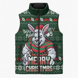 Personalized South Sydney Rabbitohs Christmas Sleeveless Puffer Jacket Australian Rugby Fans - Pixelated Ugly Xmas Pattern Mascot Santa