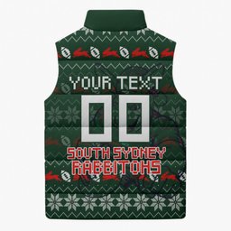 Personalized South Sydney Rabbitohs Christmas Sleeveless Puffer Jacket Australian Rugby Fans - Pixelated Ugly Xmas Pattern Mascot Santa