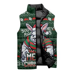 Personalized South Sydney Rabbitohs Christmas Sleeveless Puffer Jacket Australian Rugby Fans - Pixelated Ugly Xmas Pattern Mascot Santa