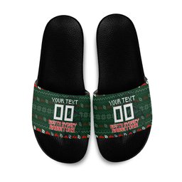 Personalized South Sydney Rabbitohs Christmas Slide Sandals Australian Rugby Fans - Pixelated Ugly Xmas Pattern Mascot Santa